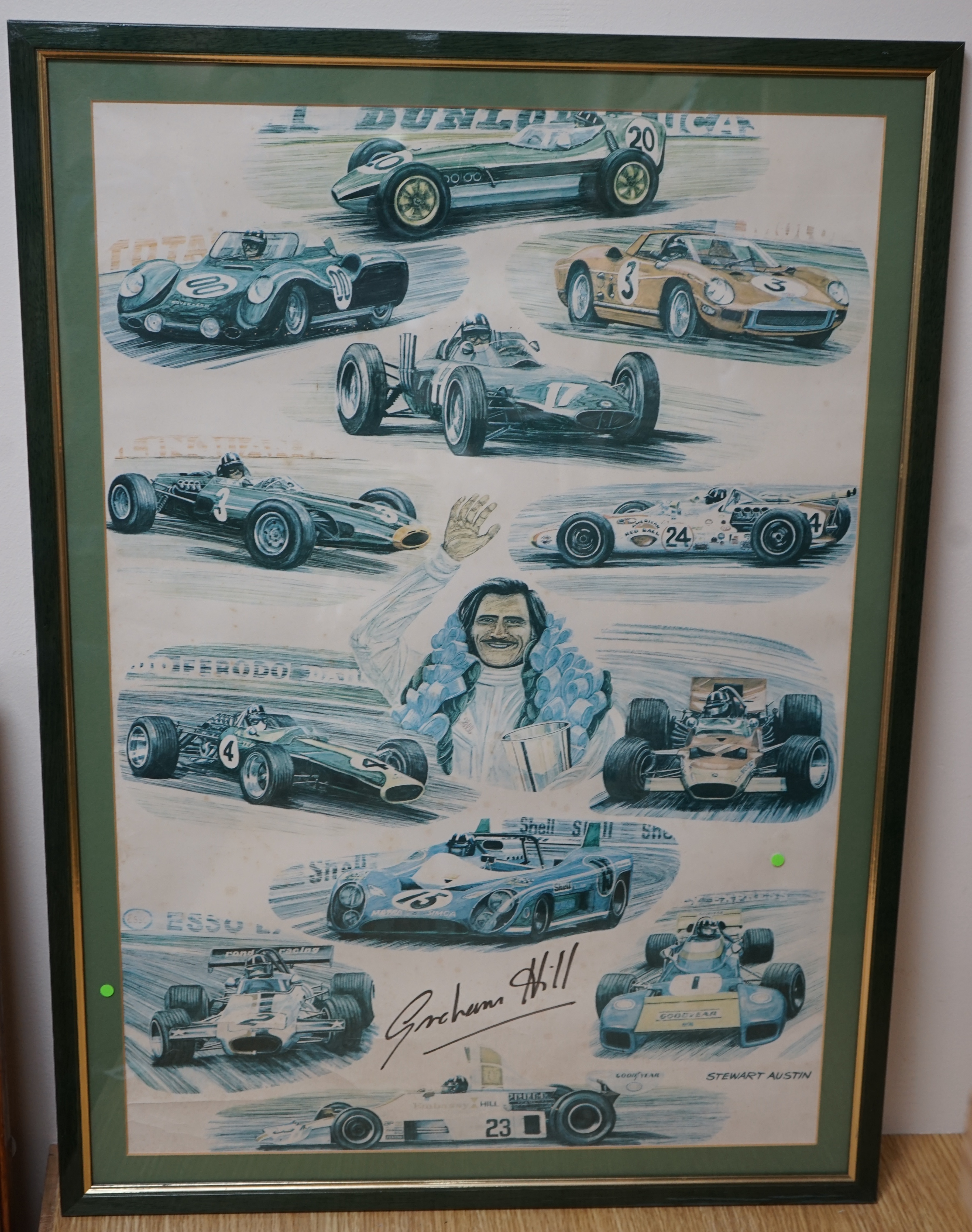 Motor racing interest, Graham Hill montage colour print, signed, label verso, 65 x 43cm. Condition - good